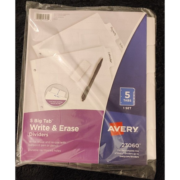 Avery Write And Erase 20 Big white Tab Dividers erase reuse ballpoint pen pencil - Picture 1 of 2